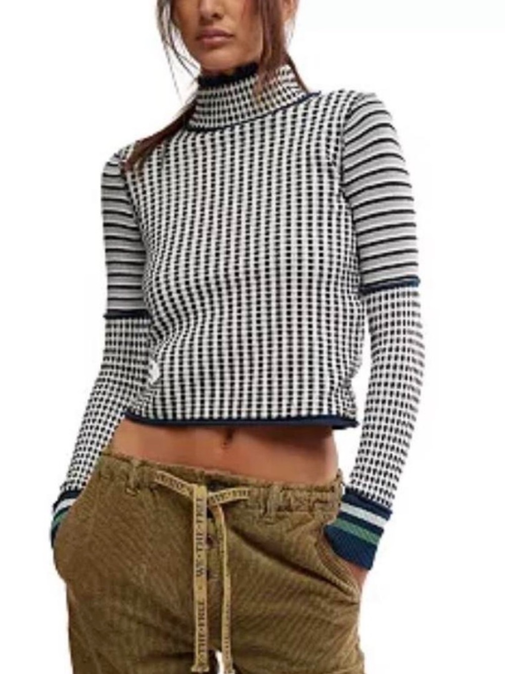 Free People Gamer Cuff Striped Cropped Turtleneck Sweater